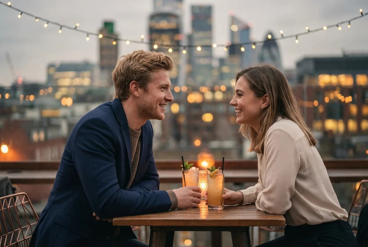 A couple laughing together over coffee